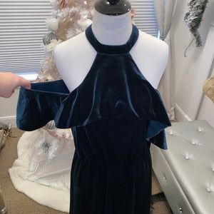 Velvet green off the shoulder maxi dress